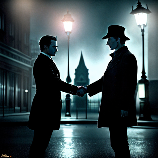 A poignant scene of Holmes and Bilbo shaking hands under a gas-lit lamp post, with Moriarty being taken away in the background by Scotland Yard, and the closed portal flickering out of existence.